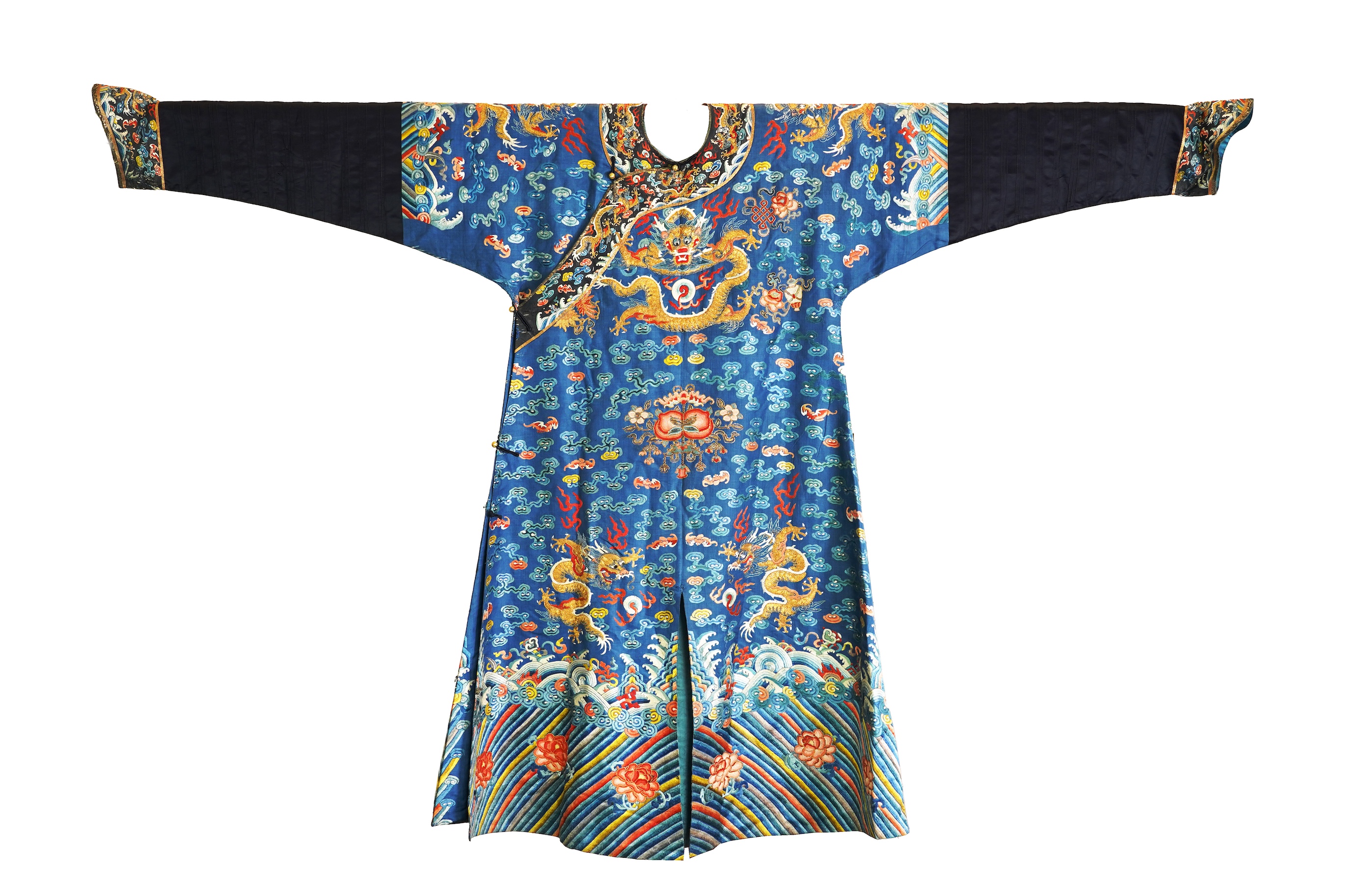 A Chinese blue silk man’s dragon robe, jifu, 19th century